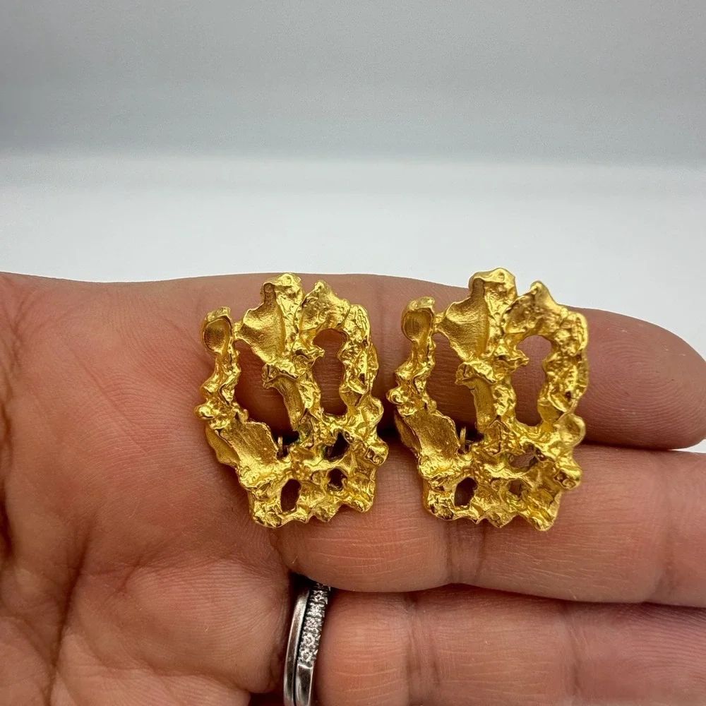 VIntage Smithsonian Earrings Brutalist Chunky Gold Nugget Modernist 80s Museum